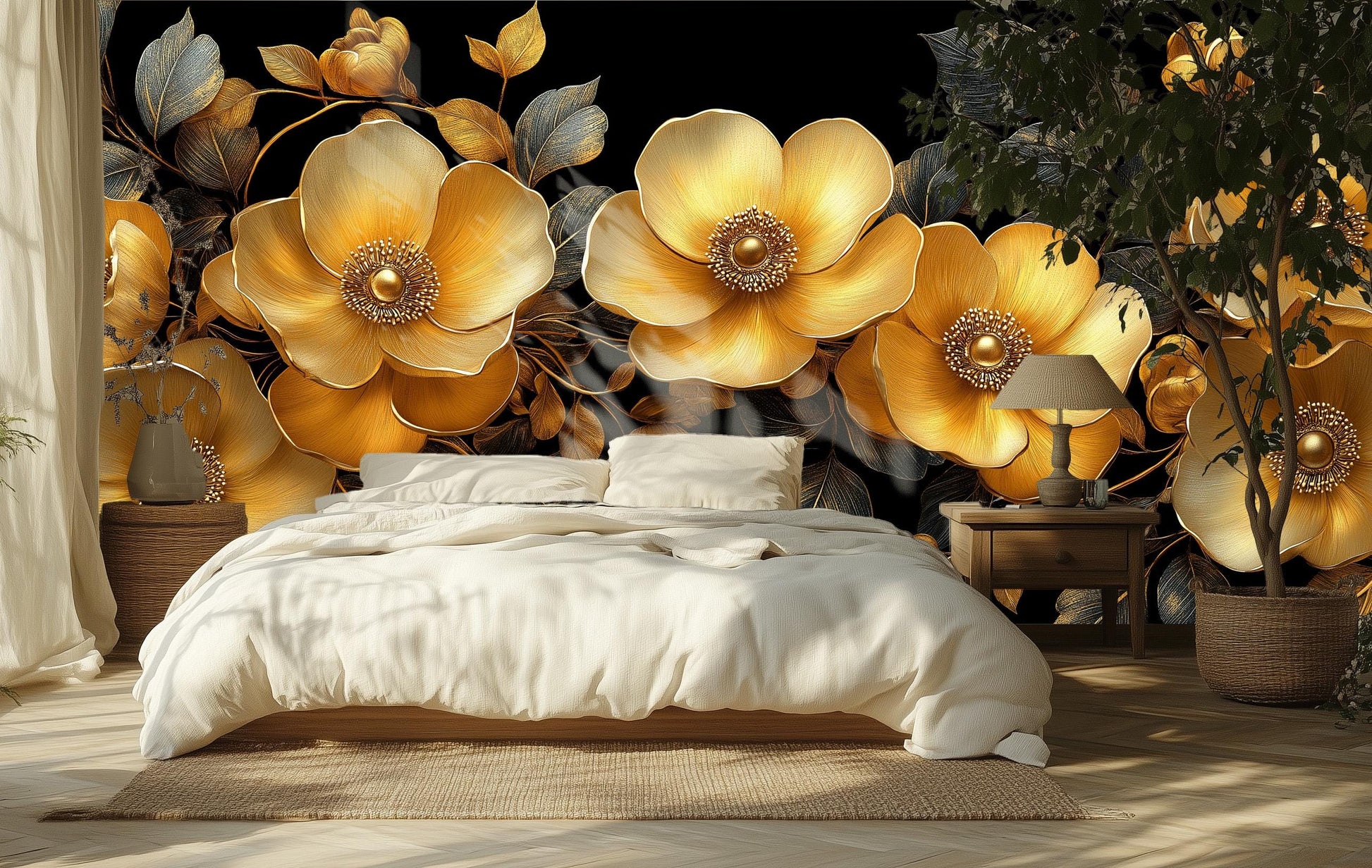 Elegant Gold Floral Art Floral Wallpaper – room setting, Golden Era Walls
