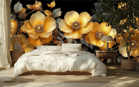 Elegant Gold Floral Art Floral Wallpaper – room setting, Golden Era Walls