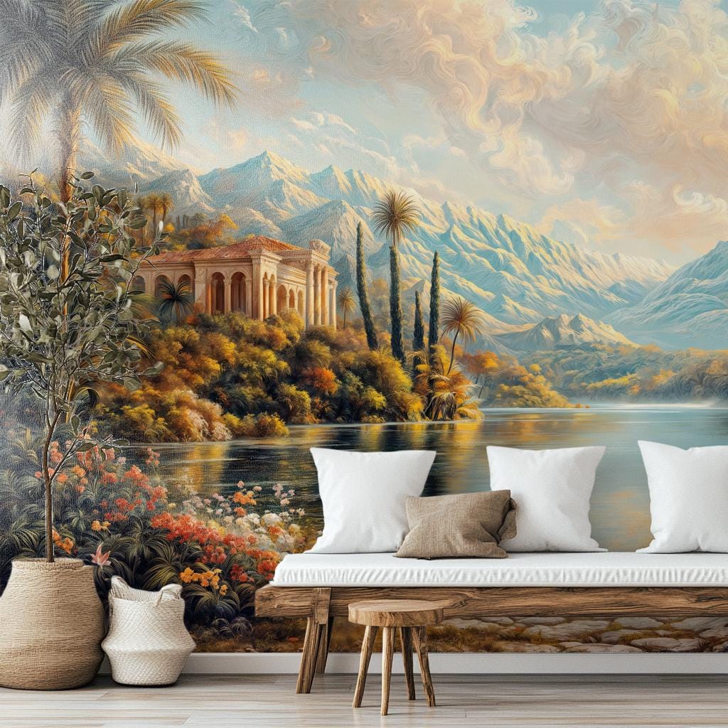 Elegant Italian Villa Scenic Floral Wallpaper – lifestyle view, Golden Era Walls