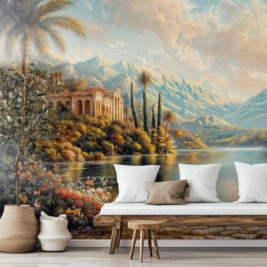 Elegant Italian Villa Scenic Floral Wallpaper – lifestyle view, Golden Era Walls