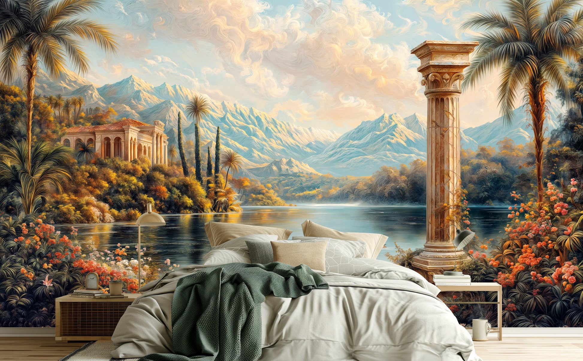 Elegant Italian Villa Scenic Floral Wallpaper – detail view, Golden Era Walls