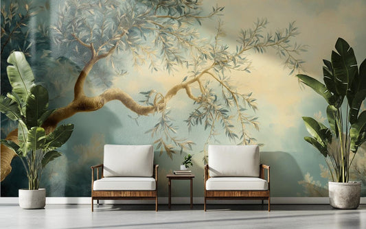 Elegant Olive Tree Hand Floral Wallpaper – peel and stick wallpaper mural, Golden Era Walls
