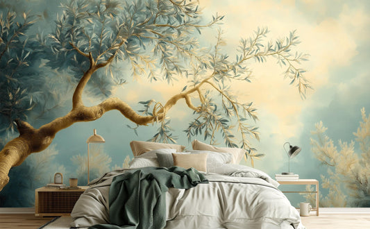 Elegant Olive Tree Hand Floral Wallpaper – lifestyle view, Golden Era Walls