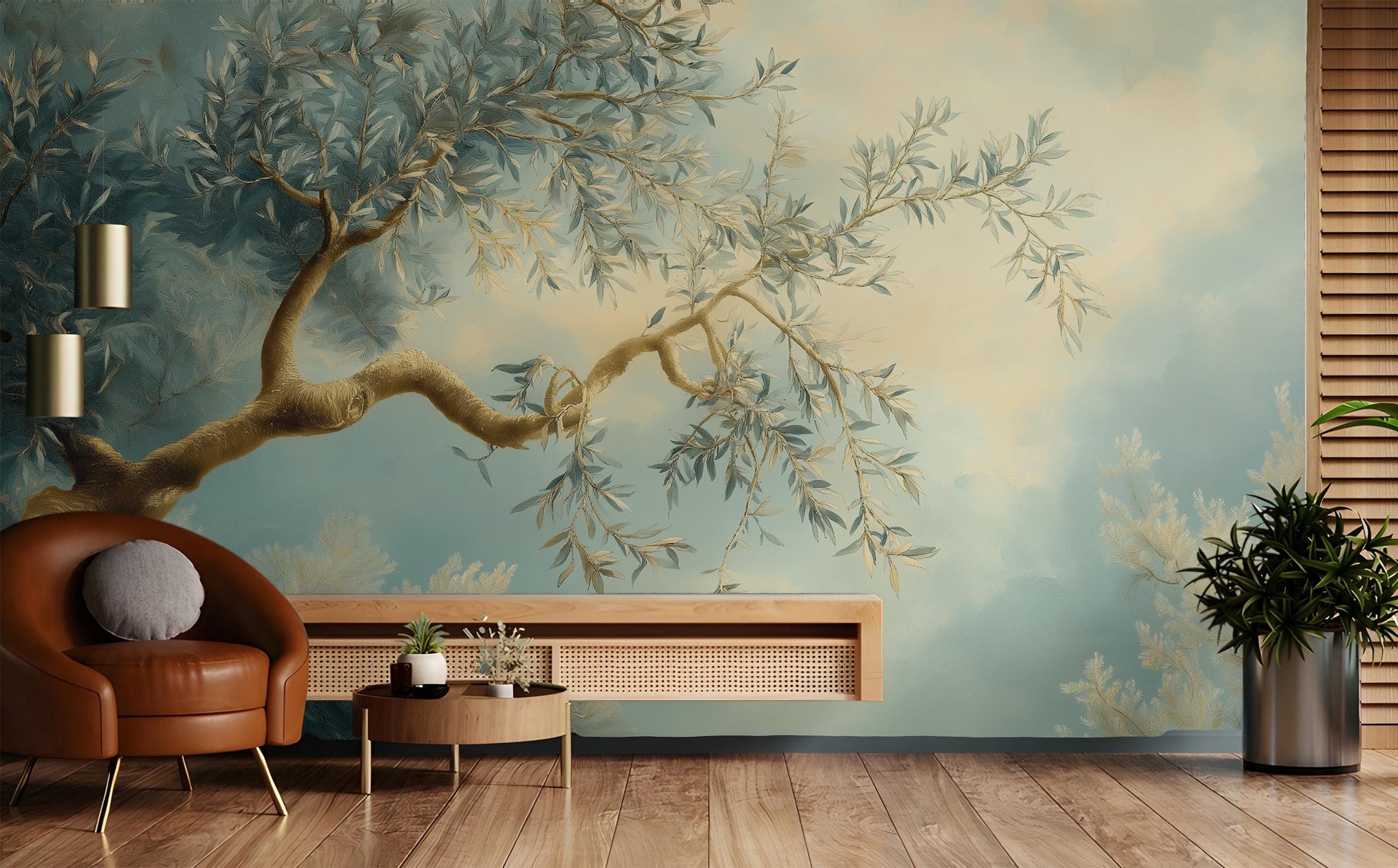 Elegant Olive Tree Hand Floral Wallpaper – room setting, Golden Era Walls