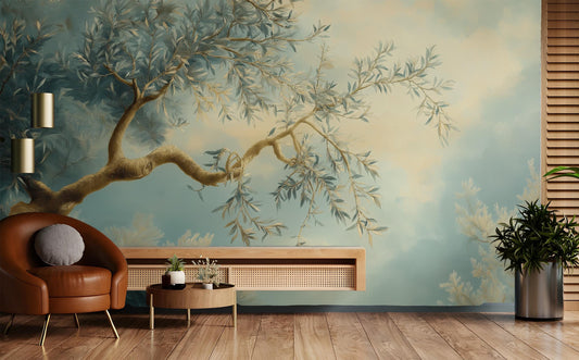 Elegant Olive Tree Hand Floral Wallpaper – room setting, Golden Era Walls