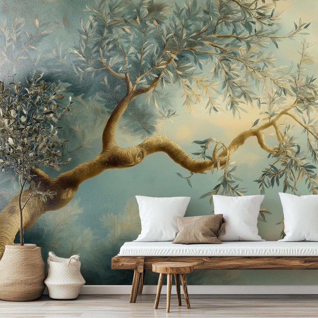 Elegant Olive Tree Hand Floral Wallpaper – scale reference, Golden Era Walls