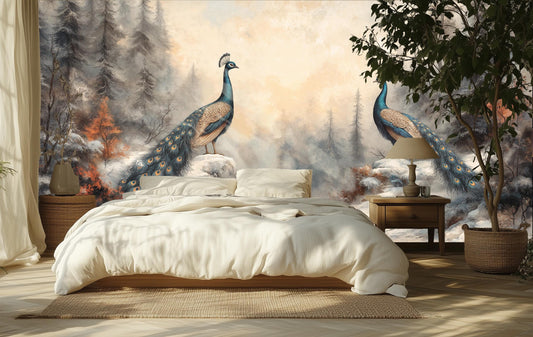 Elegant Peacock Symmetrical Hand Coastal Wallpaper – detail view, Golden Era Walls