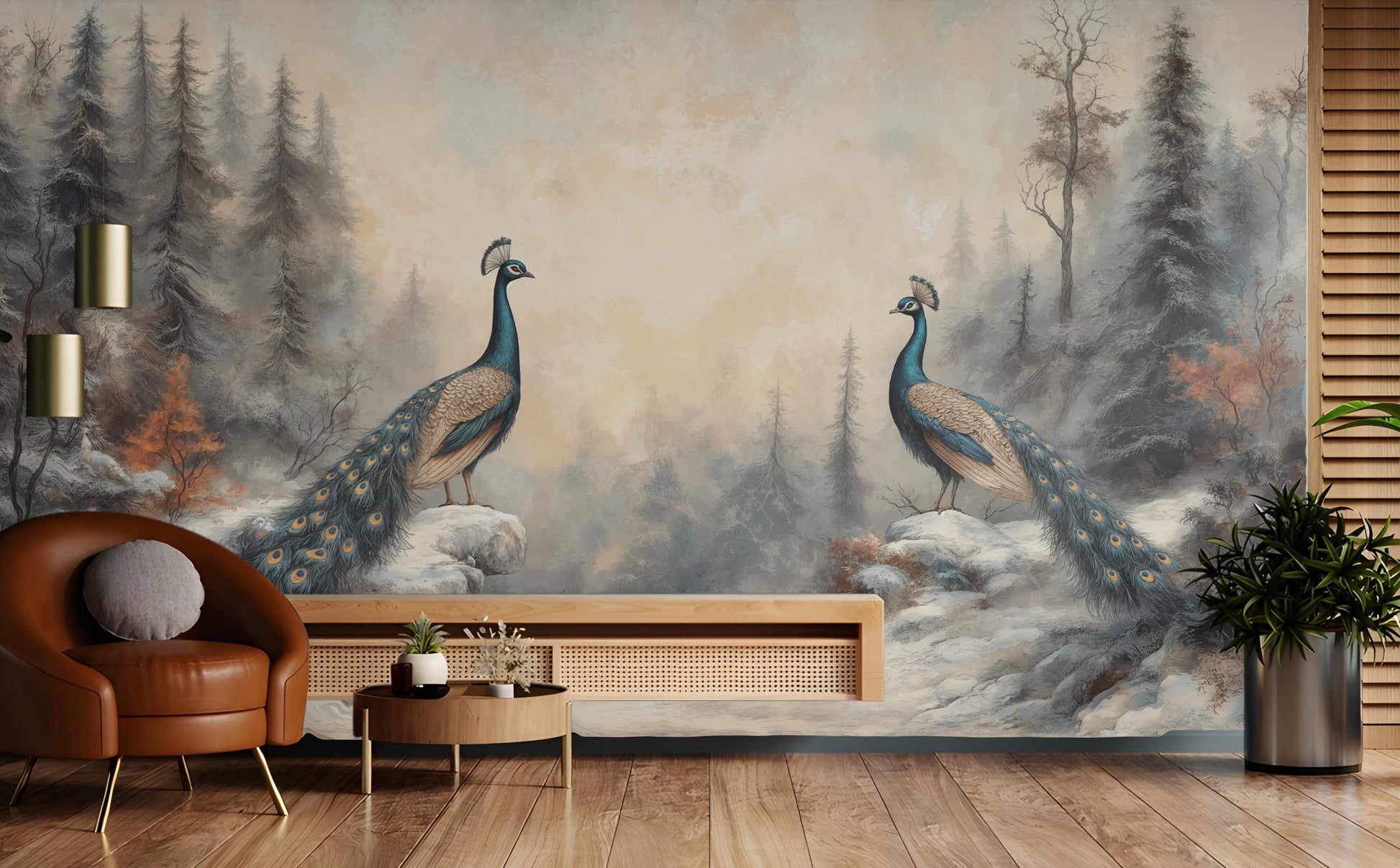 Elegant Peacock Symmetrical Hand Coastal Wallpaper – peel and stick wallpaper mural, Golden Era Walls