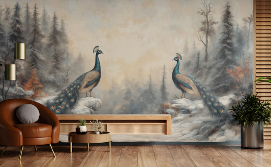 Elegant Peacock Symmetrical Hand Coastal Wallpaper – peel and stick wallpaper mural, Golden Era Walls