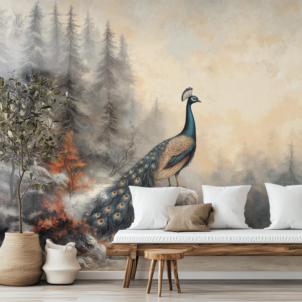 Elegant Peacock Symmetrical Hand Coastal Wallpaper – scale reference, Golden Era Walls