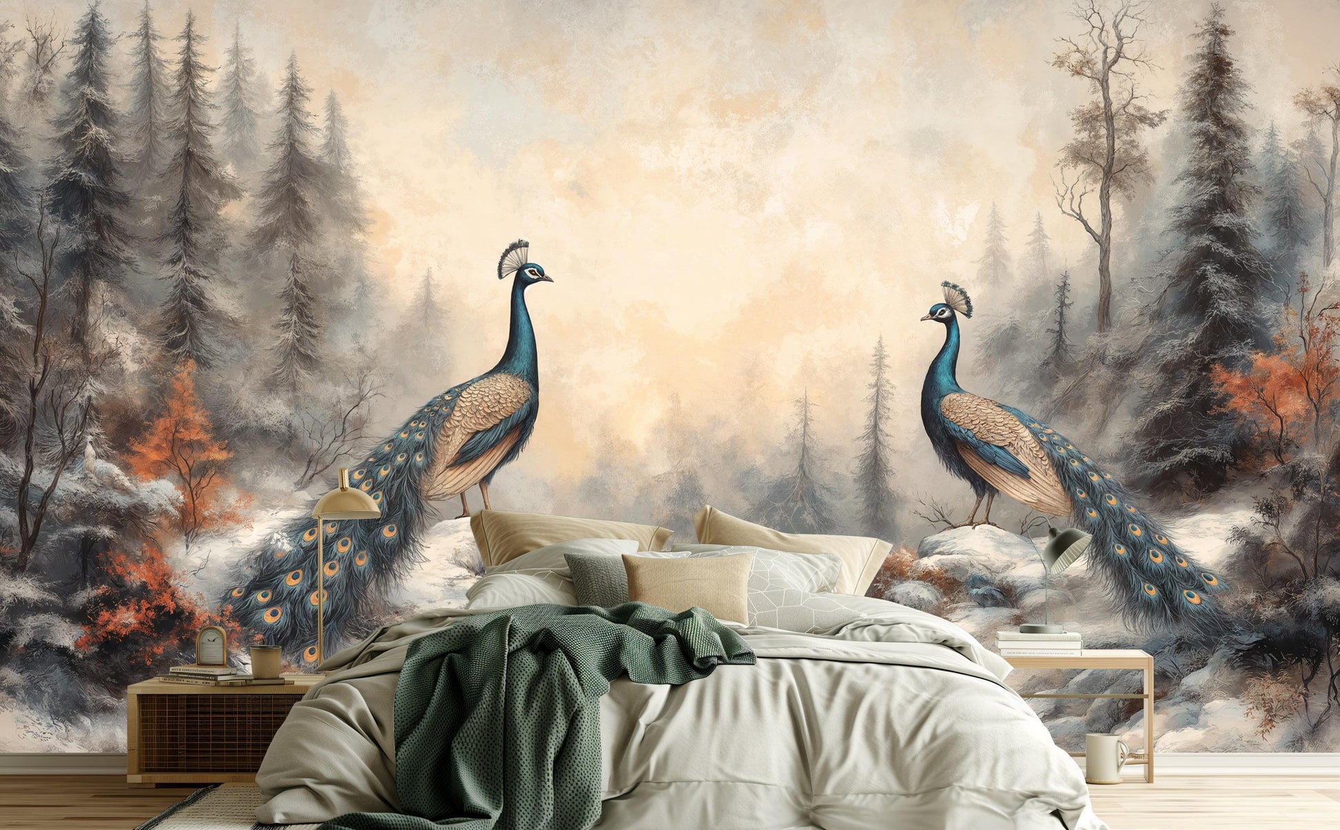 Elegant Peacock Symmetrical Hand Coastal Wallpaper – lifestyle view, Golden Era Walls
