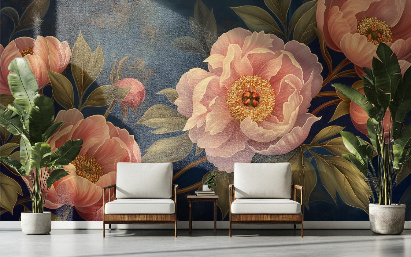 Elegant Peony Floral Art Floral Wallpaper – scale reference, Golden Era Walls