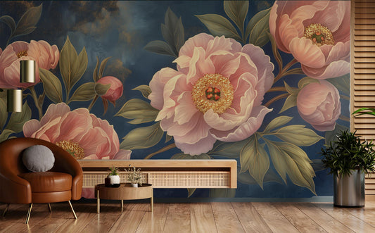 Elegant Peony Floral Art Floral Wallpaper – room setting, Golden Era Walls