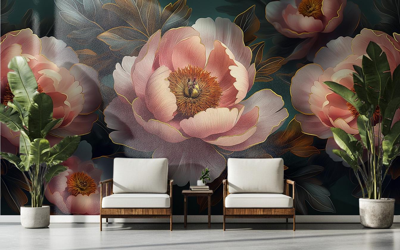 Elegant Peony Floral Vintage Floral Wallpaper – detail view, Golden Era Walls