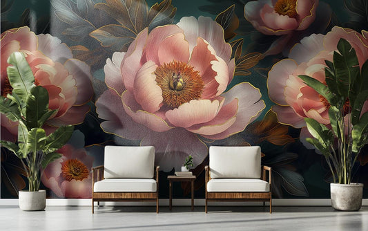 Elegant Peony Floral Vintage Floral Wallpaper – detail view, Golden Era Walls