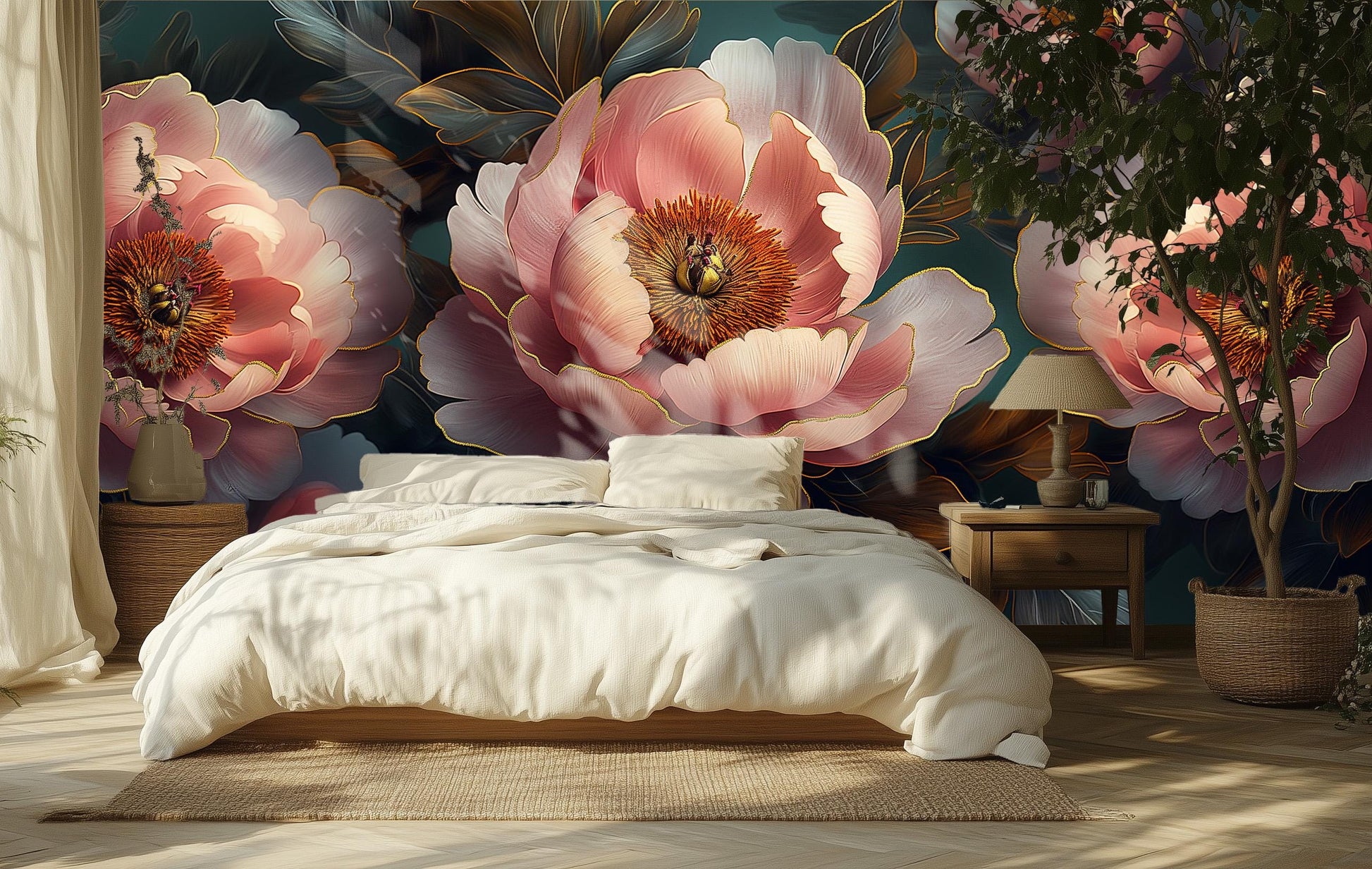 Elegant Peony Floral Vintage Floral Wallpaper – scale reference, Golden Era Walls