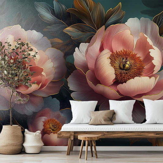 Elegant Peony Floral Vintage Floral Wallpaper – room setting, Golden Era Walls