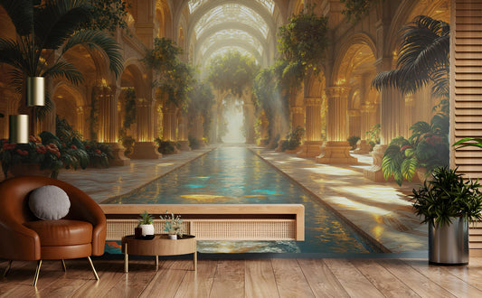 Elegant Tropical Sanctuary Classical Floral Wallpaper – room setting, Golden Era Walls