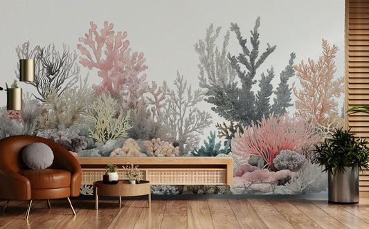 Elegant Watercolor Coral Reef Coastal Wallpaper – lifestyle view, Golden Era Walls