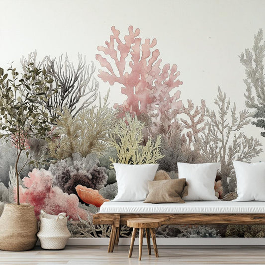 Elegant Watercolor Coral Reef Coastal Wallpaper – peel and stick wallpaper mural, Golden Era Walls