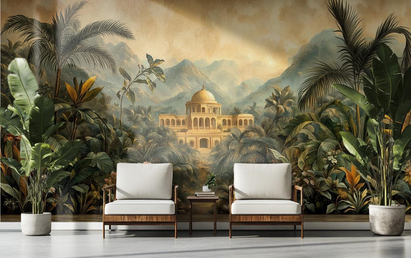 Exotic Jungle Palace Hand Floral Wallpaper – room setting, Golden Era Walls