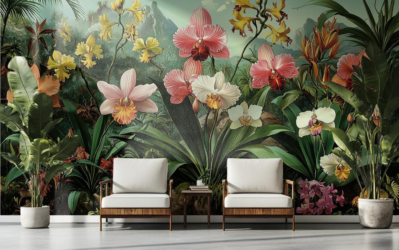 Exotic Orchid Garden Art Floral Wallpaper – scale reference, Golden Era Walls