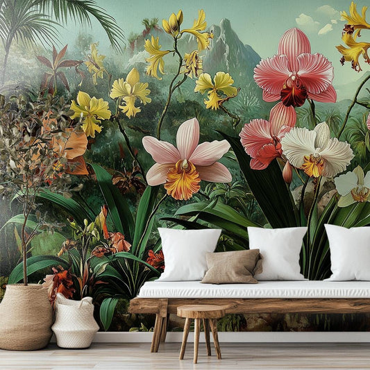 Exotic Orchid Garden Art Floral Wallpaper – lifestyle view, Golden Era Walls