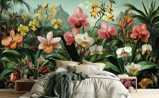 Exotic Orchid Garden Art Floral Wallpaper – detail view, Golden Era Walls