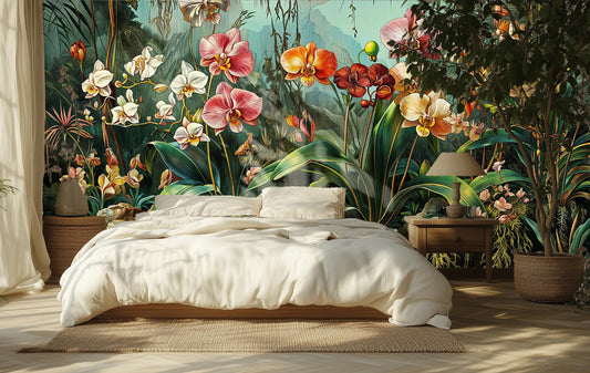 Exotic Orchid Garden Vintage Floral Wallpaper – detail view, Golden Era Walls