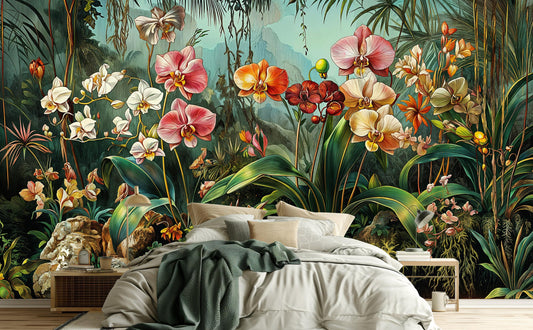 Exotic Orchid Garden Vintage Floral Wallpaper – peel and stick wallpaper mural, Golden Era Walls