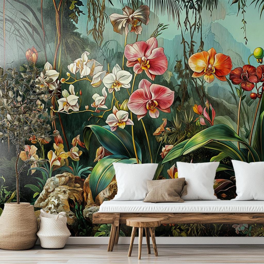 Exotic Orchid Garden Vintage Floral Wallpaper – lifestyle view, Golden Era Walls