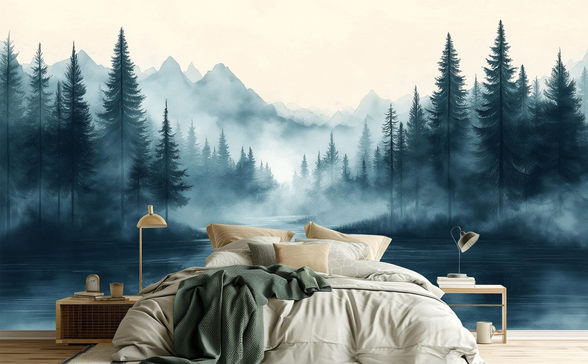 Foggy Forest Nordic Scandinavian Wallpaper – lifestyle view, Golden Era Walls