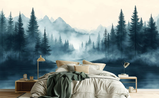 Foggy Forest Nordic Scandinavian Wallpaper – lifestyle view, Golden Era Walls