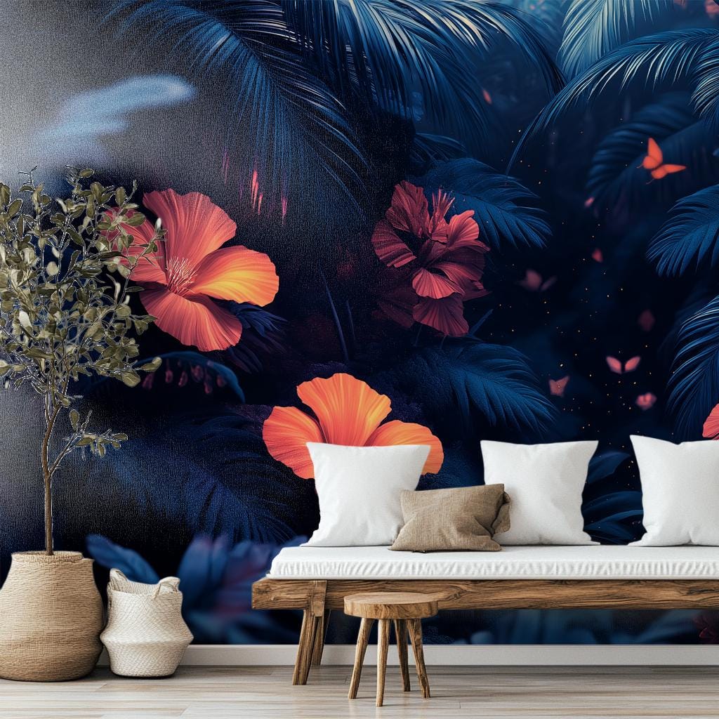 Glowing Rainforest Bioluminescent Floral Floral Wallpaper – room setting, Golden Era Walls