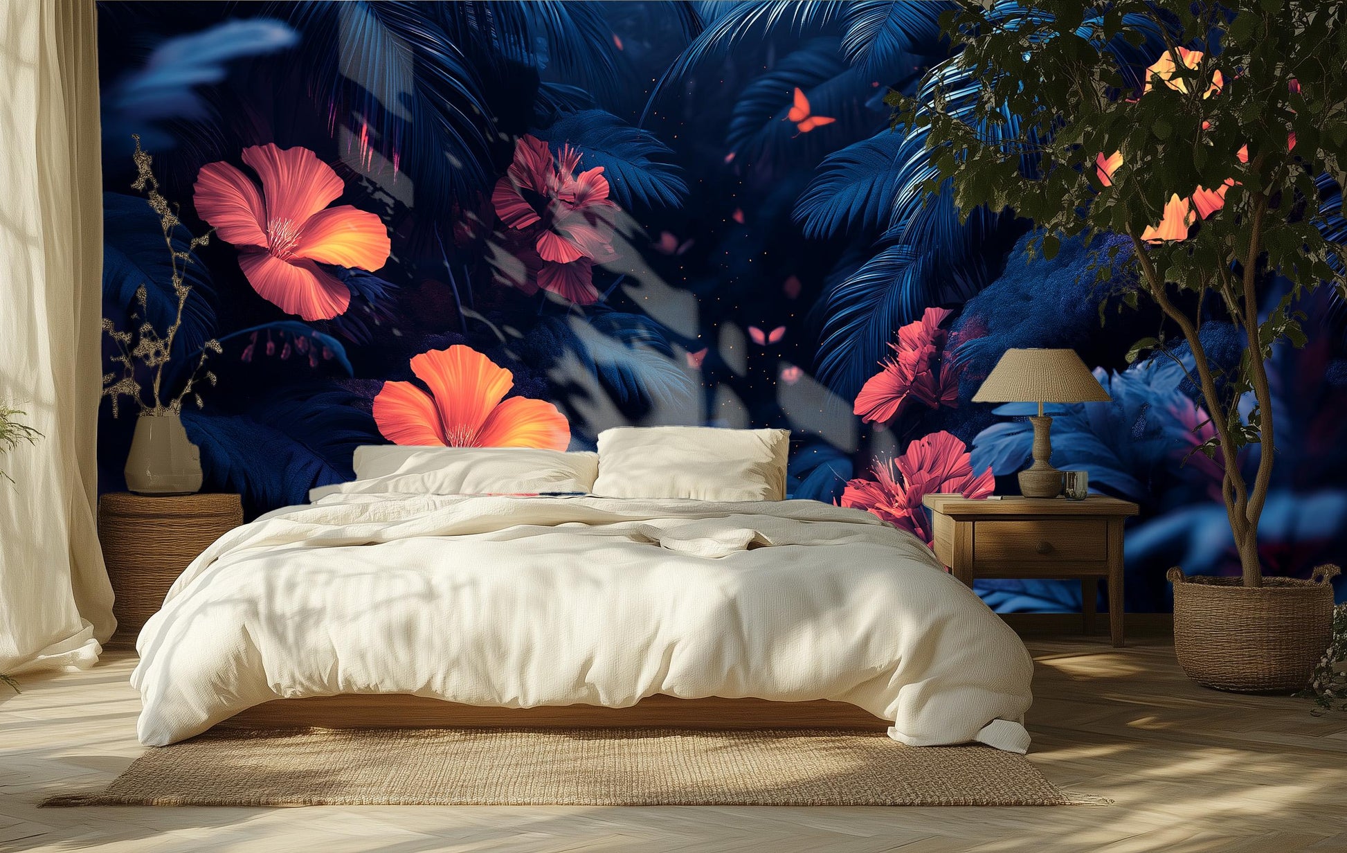 Glowing Rainforest Bioluminescent Floral Floral Wallpaper – scale reference, Golden Era Walls