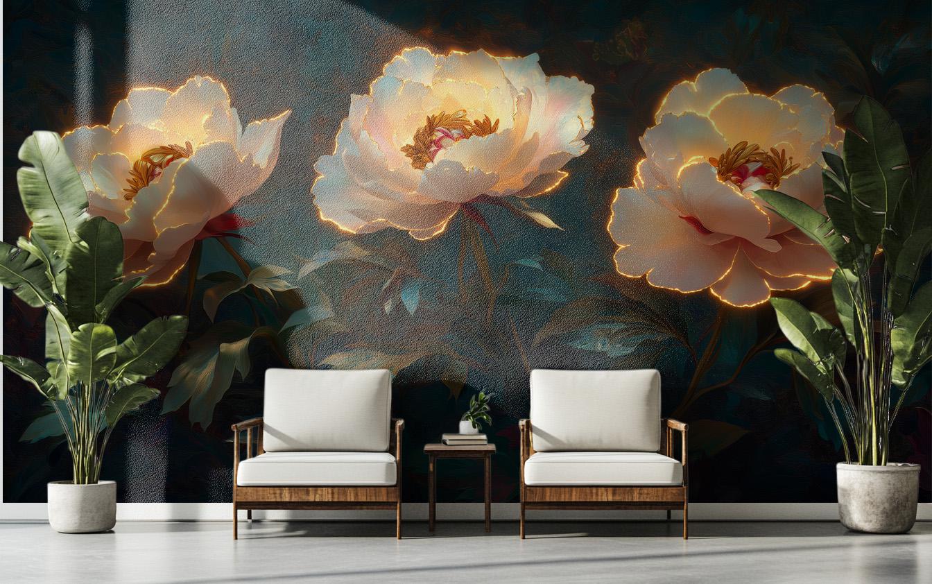 Glowing Peony Luxurious 3D Floral Wallpaper – scale reference, Golden Era Walls
