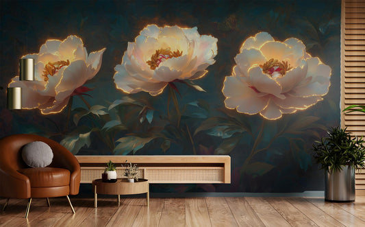Glowing Peony Luxurious 3D Floral Wallpaper – detail view, Golden Era Walls