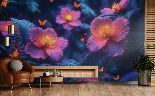 Glowing Rainforest Bioluminescent Jungle Floral Wallpaper – peel and stick wallpaper mural, Golden Era Walls