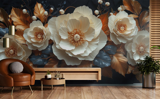 Gold Ivory Floral Renter Floral Wallpaper – peel and stick wallpaper mural, Golden Era Walls