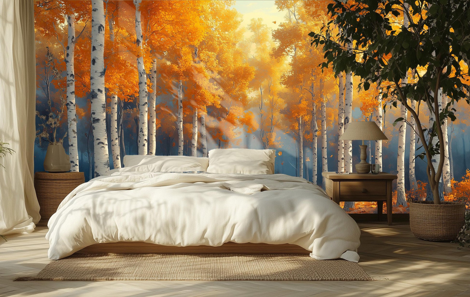 Golden Birch Forest Autumn Coastal Wallpaper – scale reference, Golden Era Walls