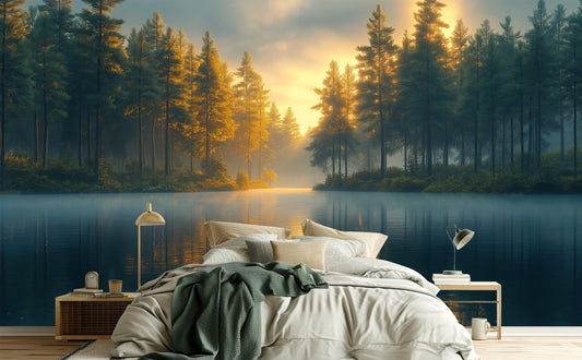 Golden Hour Pine Forest Wallpaper – lifestyle view, Golden Era Walls