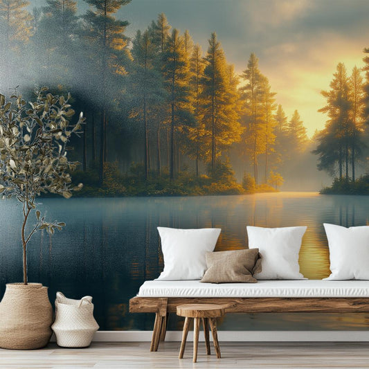 Golden Hour Pine Forest Wallpaper – room setting, Golden Era Walls