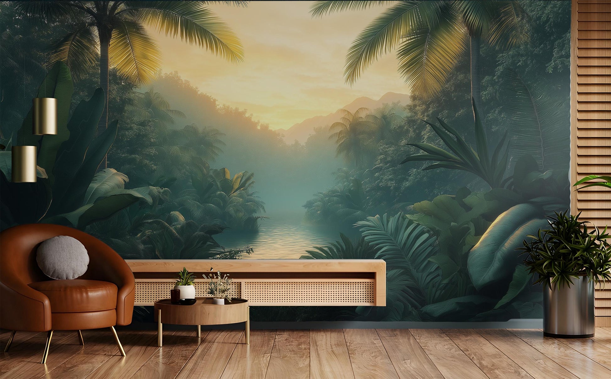Golden Hour Rainforest Exotic Tropical Wallpaper – lifestyle view, Golden Era Walls