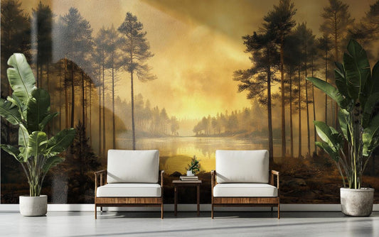 Golden Sunset Forest Tranquil Wallpaper – peel and stick wallpaper mural, Golden Era Walls