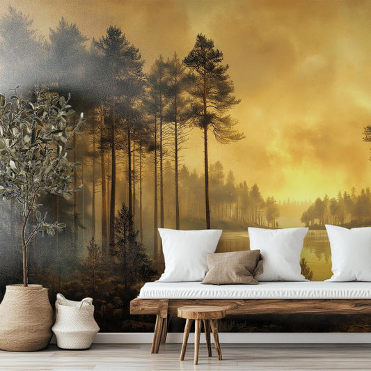 Golden Sunset Forest Tranquil Wallpaper – detail view, Golden Era Walls