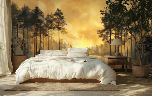 Golden Sunset Forest Tranquil Wallpaper – lifestyle view, Golden Era Walls