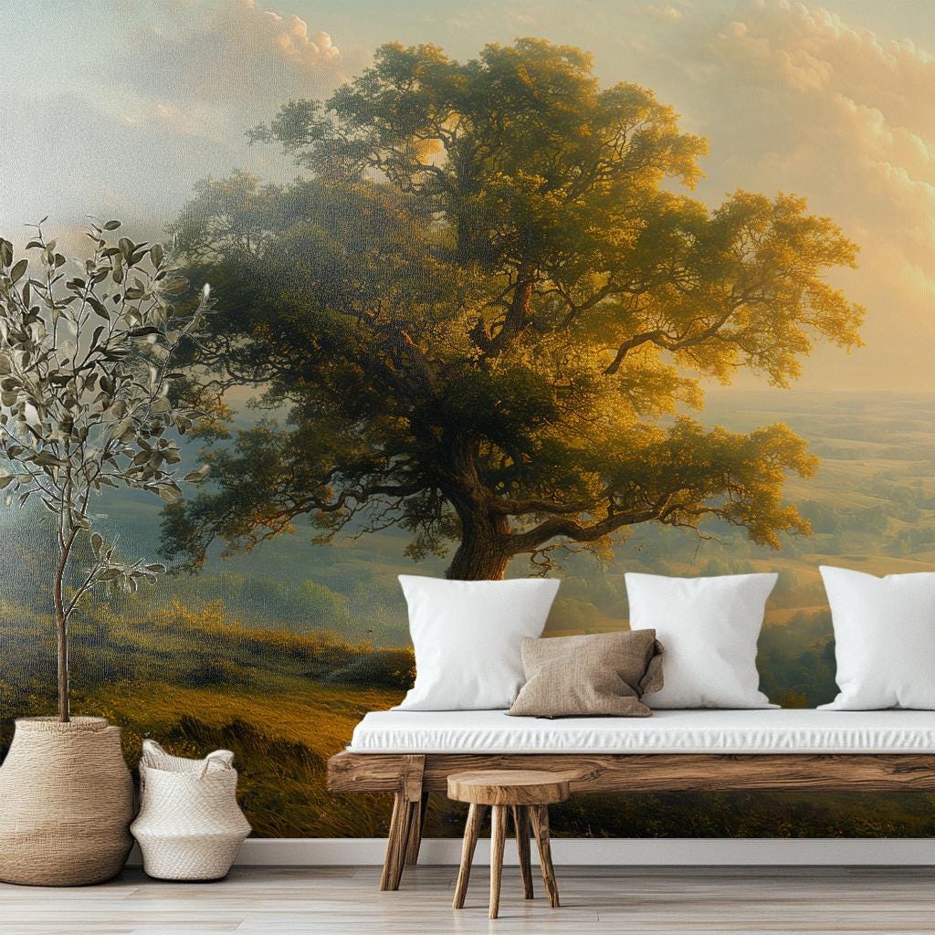 Golden Sunset Landscape Romantic Wallpaper – scale reference, Golden Era Walls