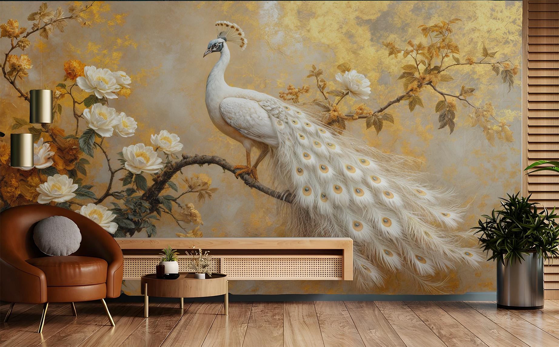 Golden White Peacock Renter Floral Wallpaper – detail view, Golden Era Walls