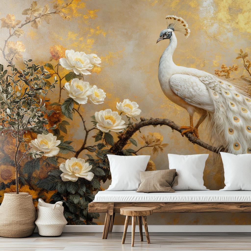 Golden White Peacock Renter Floral Wallpaper – room setting, Golden Era Walls