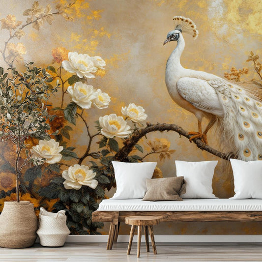 Golden White Peacock Renter Floral Wallpaper – room setting, Golden Era Walls